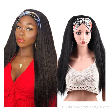 New 24 Inch Long Chic Style Kinky Straight Hair Headband Wig With Pre-attached Scarf Synthetic Yaki Straight Headband Wigs
